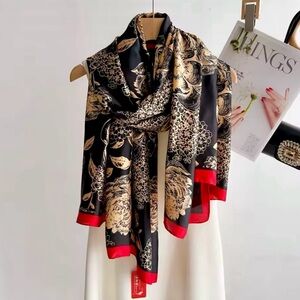 Black and Gold Polyester Scarf, Ornate Design with Red Trim Detail